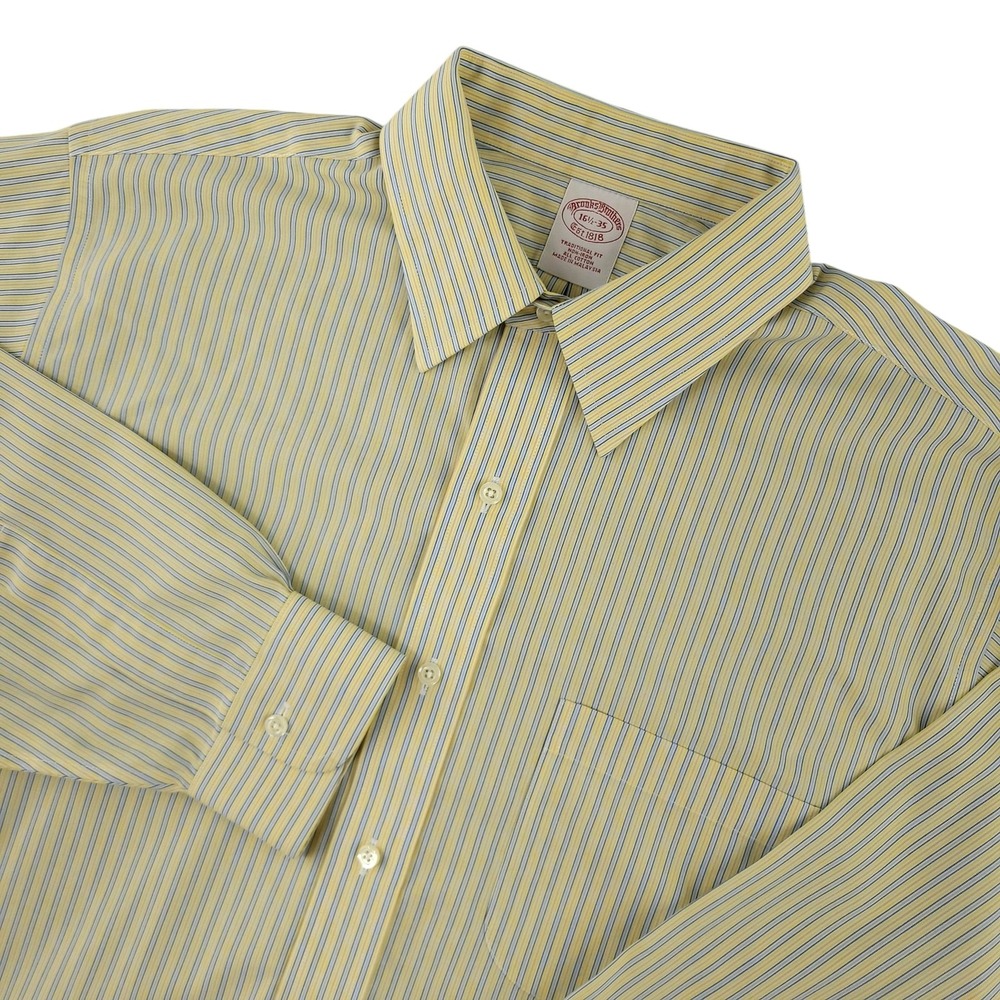 Brooks Brothers Dress Shirt Mens 16.5 35 Yellow Stripe Classic Non Iron